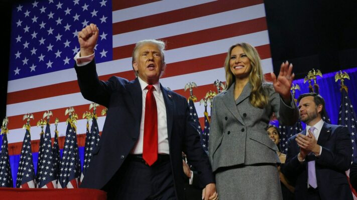 Supporters celebrating Trump’s re-election during his acceptance speech, marking a key moment in American politics.